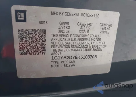 2019 Chevrolet Corvette Stingray z USA, uszkodzony, nr VIN 1G1YB2D78K5108705